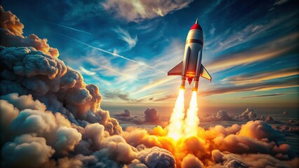 Fototapeta premium Colorful vintage rocket launching into space with fiery exhaust and cloudy sky in action-packed scene, space, rocket, launch