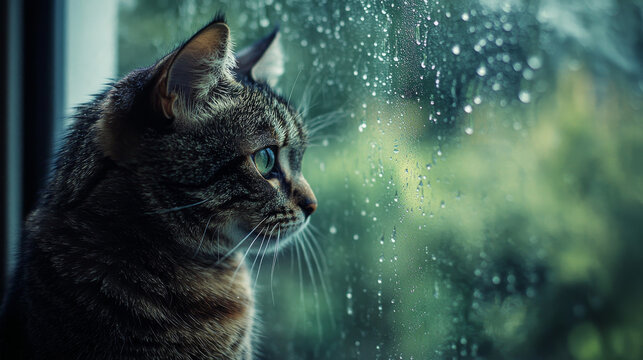 Cat Gazing Out Window on a Rainy Day - Powered by Adobe