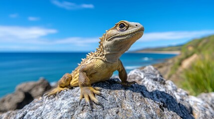 A lizard perched on a rocky surface with the ocean in the background, basking in the sunlight.