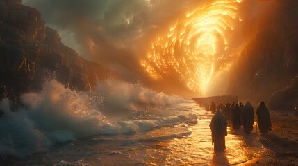 Fototapeta premium Capture the moment of faith as Moses leads the Israelites through the parted Red Sea, their faces filled with awe and hope,
