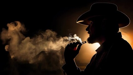 Cowboy is backlit by the setting sun, creating a dramatic silhouette as he smokes an electronic cigarette and exhales a plume of vapor - Powered by Adobe