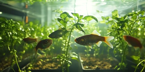 Goldfish swimming amongst green plants in water.