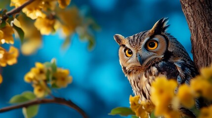 Obraz premium An owl with piercing orange eyes sits quietly on a tree branch, surrounded by soft yellow flowers.