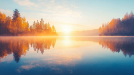 Sunrise reflected in a calm lake