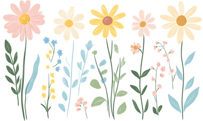 2D illustrator doodle-style floral and leaf graphics on a white background or wallpaper