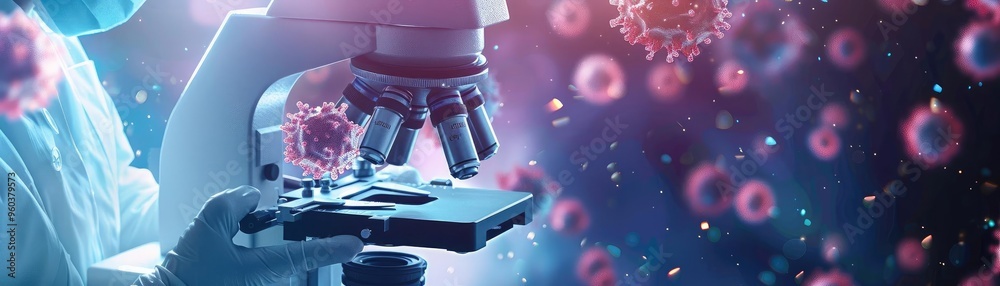Aufkleber A close-up view of a scientist using a microscope to study viruses in a laboratory setting, showcasing research and innovation.