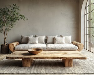 Serene Contemporary Grey Living Room with Minimalist Decor including Low-Profile Sofa and Simple Wooden Table