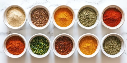 Assortment of spices in white bowls on marble.