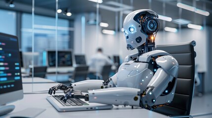 Artificial intelligence robot working at a computer in an office