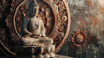 Fototapeta premium Traditional Buddha model with a decorative mandala backdrop 