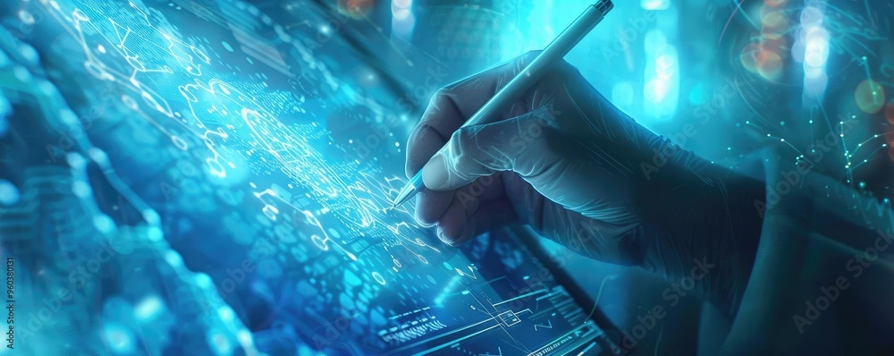 Poster A hand holding a stylus interacts with a glowing digital interface, creating futuristic designs and data visualizations.