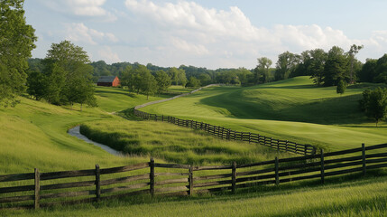 Obraz premium Serene Rural Landscape: Rolling Green Hills with Wooden Fence and Winding Stream