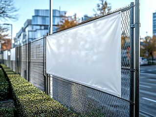 Hyper realistic photo of  Layered Fabric Banner Mockup, vinyl banners printing, grommet mockup, Corporate outdoor banner, Horizontal Banner Mockup Hanging Outside