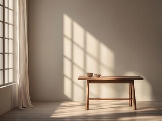 Fototapeta premium Minimalist dining room scene, soft evening light through curtains, empty dinner table with subtle shadows, Realism, Warm colors