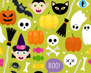 Naklejka premium Halloween seamless pattern. Magic halloween cartoon illustration on a green background. Witch, vampire, pumpkins, skull, broom, ghost and candies. Design for wrapping paper, textile.