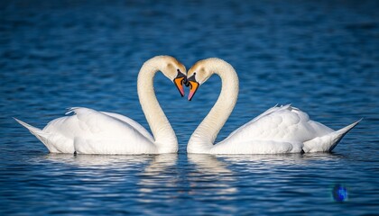 Obraz premium Two swans forming a heart shape with their necks, symbolizing love and connection in a serene water setting.