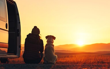 A person and a dog sit by a van enjoying a scenic sunrise over the mountains, symbolizing travel companionship and the beauty of nature.