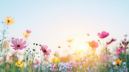 Beautiful wildflowers blooming in a sunlit meadow against a clear blue sky, creating a serene and vibrant nature scene. © Rattanathip