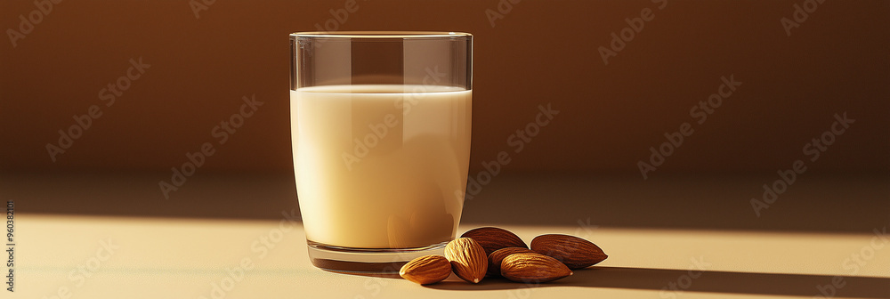 Wall mural a glass of almond milk with a few almonds beside it against an isolated soft brown background