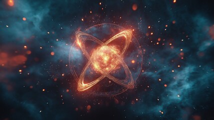 a colorful illustration of a blazing atomic structure on a background of space. Ideal illustration of atomic science, energy, and physics topics.