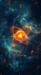 a colorful illustration of a blazing atomic structure on a background of space. Ideal illustration of atomic science, energy, and physics topics.