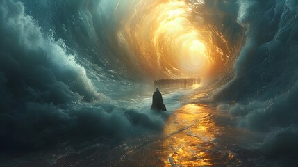 Create a powerful image of the Israelites marching through the parted Red Sea, with Moses at the forefront, the sky above glowing with divine light and towering waves on each side