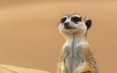 Fototapeta premium A close-up of a meerkat standing in a desert environment, showcasing its curious expression and alert posture.