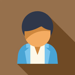 Businessman character avatar wearing blue jacket flat design icon with long shadow on brown background