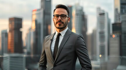 A man in a sleek suit and tie, posing with confidence against a city skyline backdrop. 