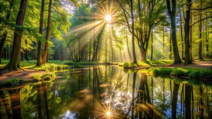 Obraz premium Sunlight filtering through trees in a forest with a pond , sunlight, trees, forest, pond, nature, serene, peaceful