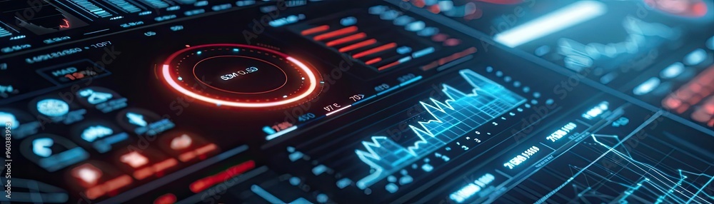 Aufkleber Futuristic digital interface displaying various metrics, graphs, and statistics in vibrant colors for advanced data visualization.