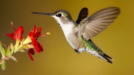 A hummingbird hovering near a vibrant red flower, showcasing its iridescent feathers and delicate wings.
