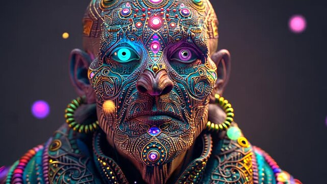  Intricate DMT Entity Monk with Glowing Eyes and Complex Patterns in Psychedelic Colors