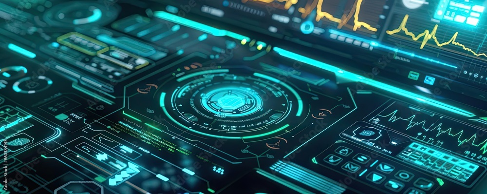 Poster futuristic digital interface showcasing advanced technology, data visualization, and glowing element