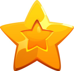 Cartoon star golden award. Isolated vector game asset, level up rank or trophy. Bright and shiny gold star with reflective surface and glowing points, symbol of achievement, win, prize and excellence