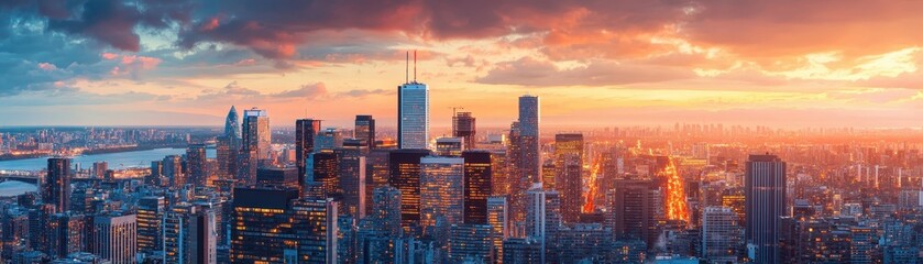Stunning panoramic view of a city skyline at sunset, with skyscrapers illuminating the vibrant urban landscape against a colorful sky.