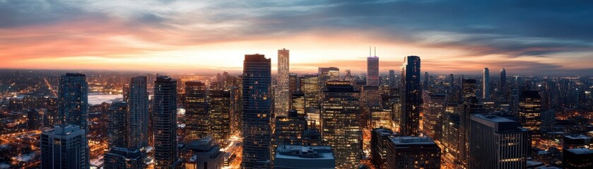 Stunning cityscape panorama of a bustling metropolis at sunset with illuminated skyscrapers and vibrant colors in the sky.