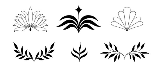Fototapeta premium Vector set of logo design templates and graphic elements, organic cosmetic, floral illustration in simple linear hand drawn style, plants and flowers, natural products emblems
