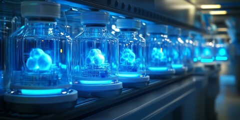 Fototapeta premium Glowing blue orbs inside glass containers on a conveyor belt.