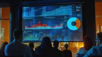 Creative visualization of data analytics concepts on a large presentation screen. 