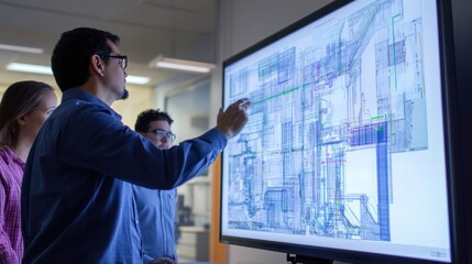 An engineer explaining microgrid engineering concepts to a team, digital models on a large screen,