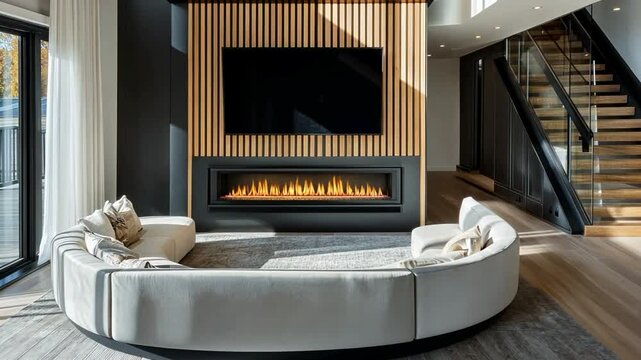 Modern Living Room with Linear Fireplace and Elegant Design, Cozy Atmosphere