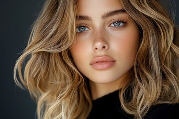 Naklejka premium Girlâ€™s face, tousled hair, natural look enhances a carefree and relaxed vibe