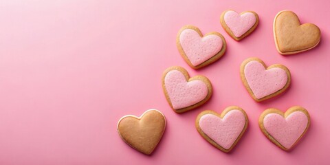 Obraz premium Valentine's Day card with heart shaped cookies on pink background top view