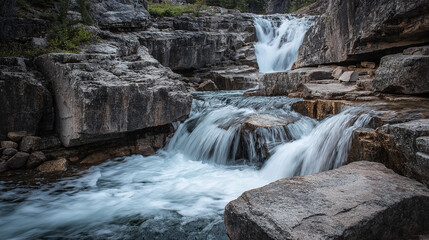 Cascading Mountain Waterfall: Serene Rocky Landscape with Rushing Waters