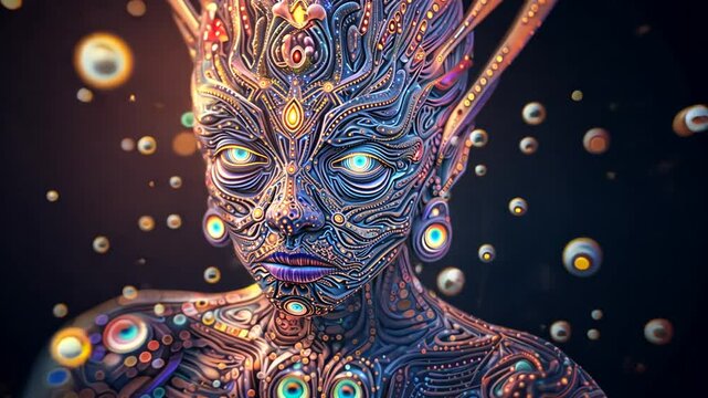 Intricate Alien Being with Psychedelic Patterns and Glowing Eyes in a Surreal Scene