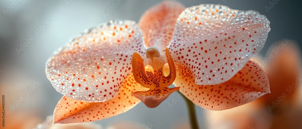 Poster Close-up of a Peach-Colored Orchid with Dewdrops