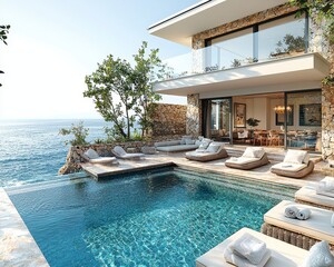 Fototapeta premium Serene Retreat: Stylish Villa Terrace with Sunbeds, Blue Pool, and Breathtaking Sea View under Clear Sky