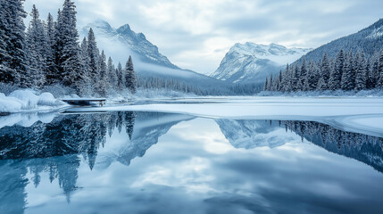 Fototapeta premium Serene Winter Reflection: Majestic Mountain Lake Mirrors Snow-Capped Peaks and Evergreen Forest