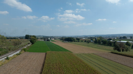 Naklejka premium Lush green fields stretch across the landscape, interspersed with trees and farm buildings under a bright blue sky.